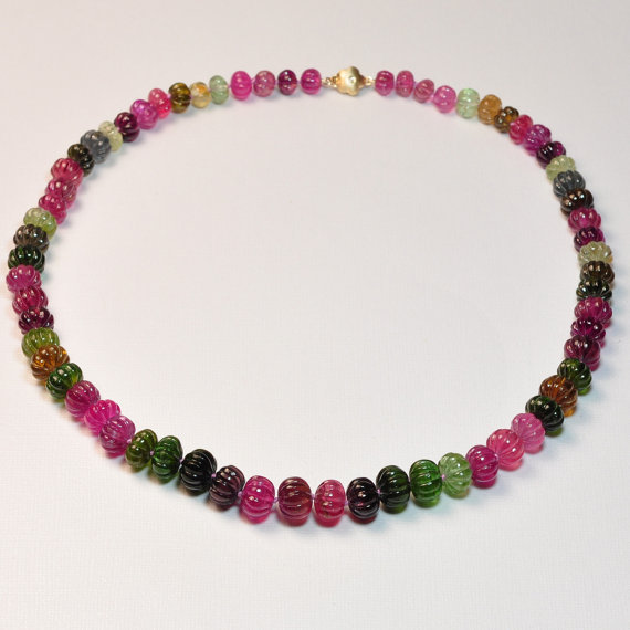 7.2mm-11.6mm Fine Tourmaline Carved Melon Bead Necklace 14K Diamond clasp
