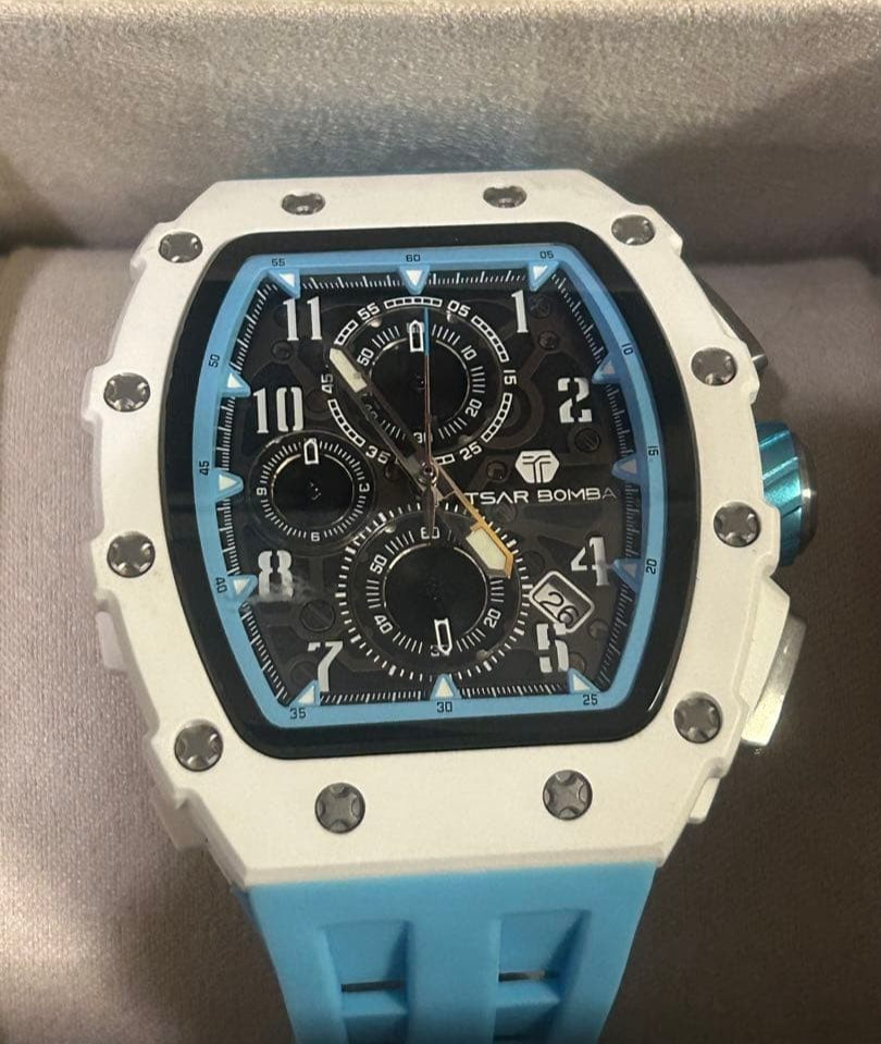 TSAR BOMBA Skeleton Qurtz Watch Blue White Luxury Tonneau Mechanical Men