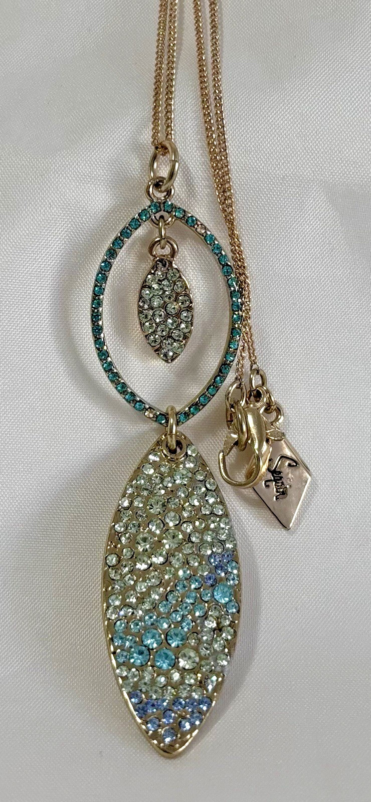 “Sequin” Blue Rainbow Crystal Pave Oval Double Drop pendant Necklace 32″