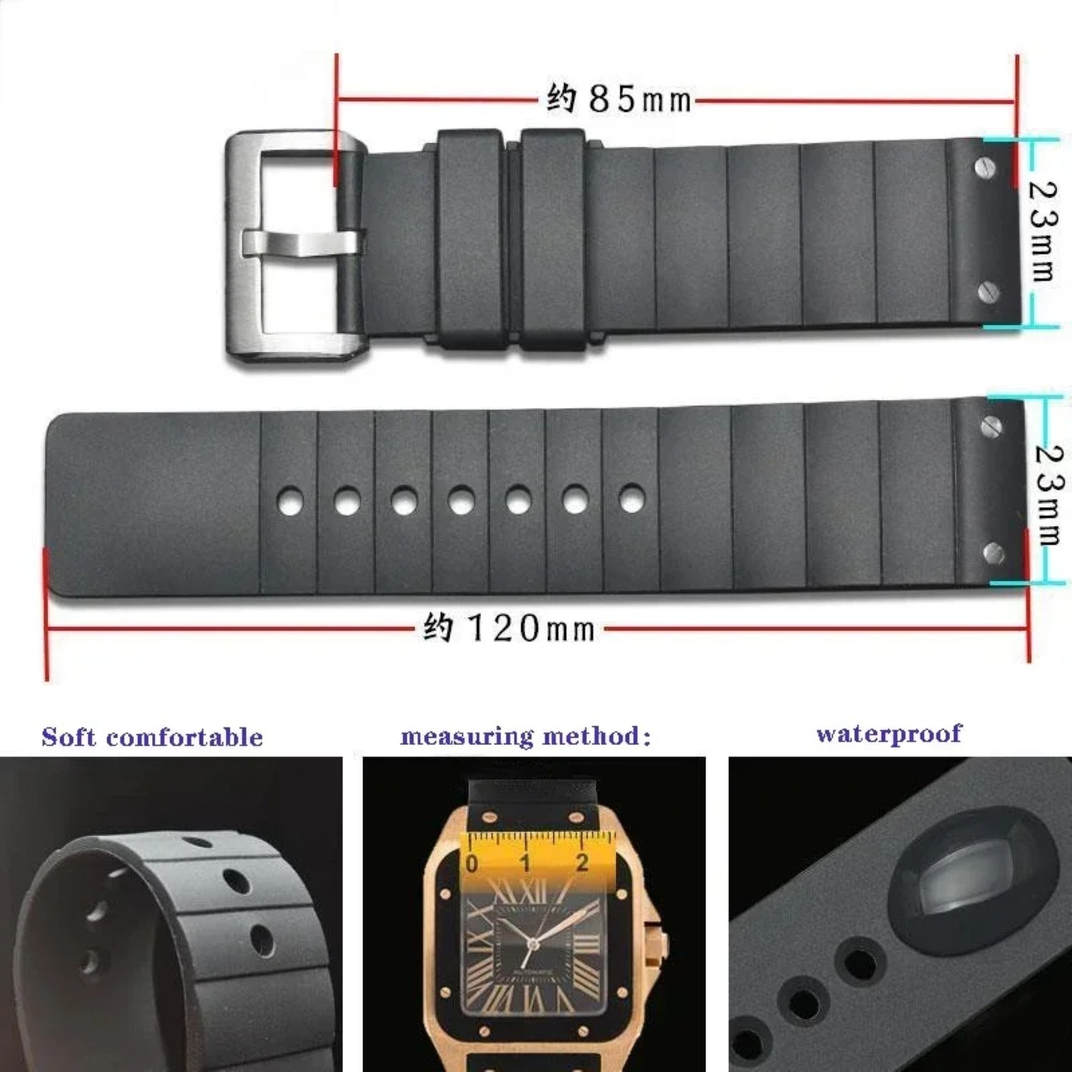 23mm Watchband For Cartier Santos 100 Rubber Band Black Rivet Silicone Strap