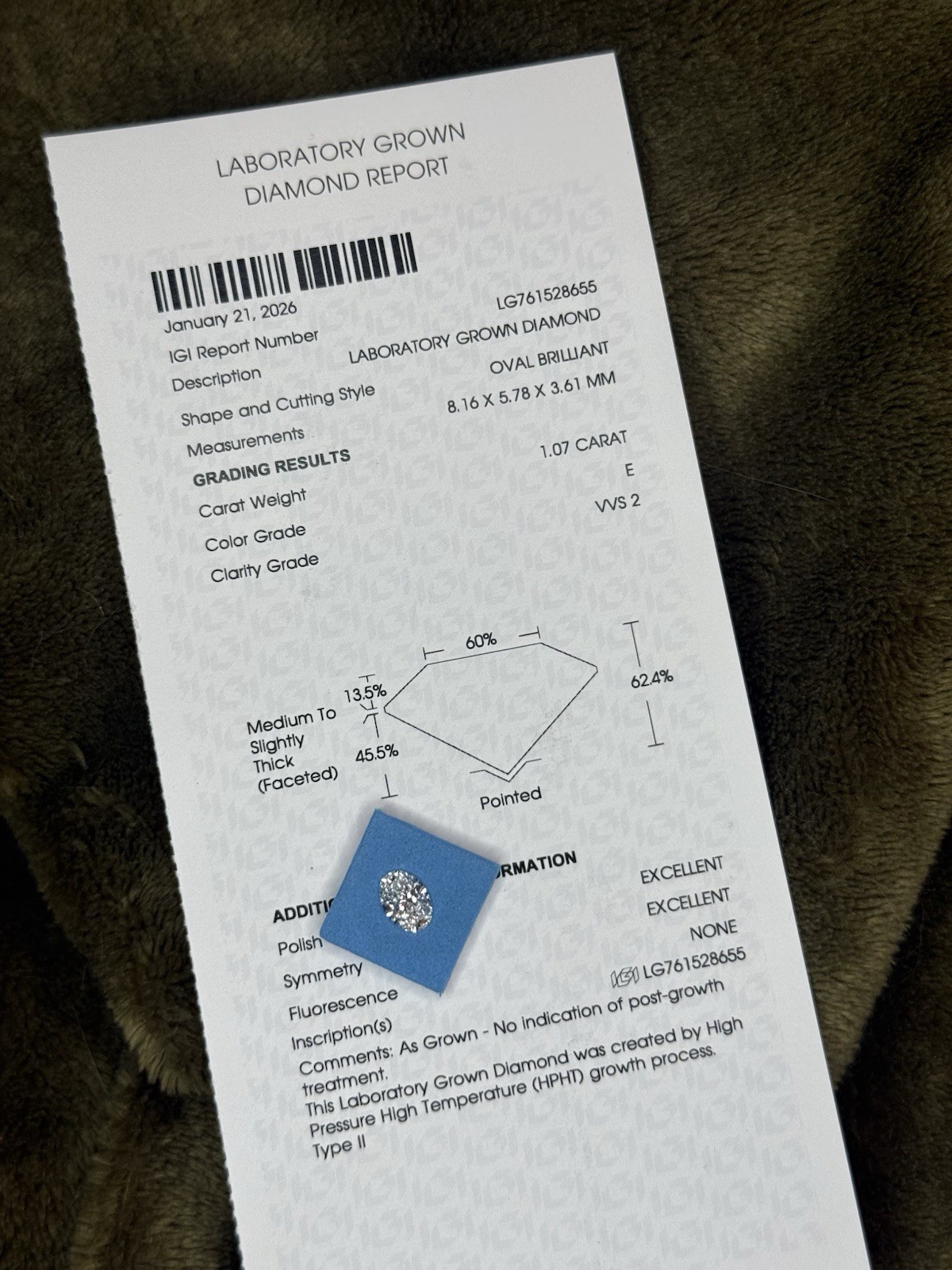 IGI Lab Grown Oval Brilliant Diamond 1.07ct E VVS2 Excellent Cut Loose