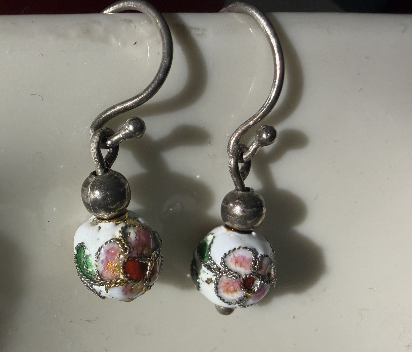 Dainty Vintage Cloisonné Bead Earrings Dangle, Pierced Ears, Classic Jewelry