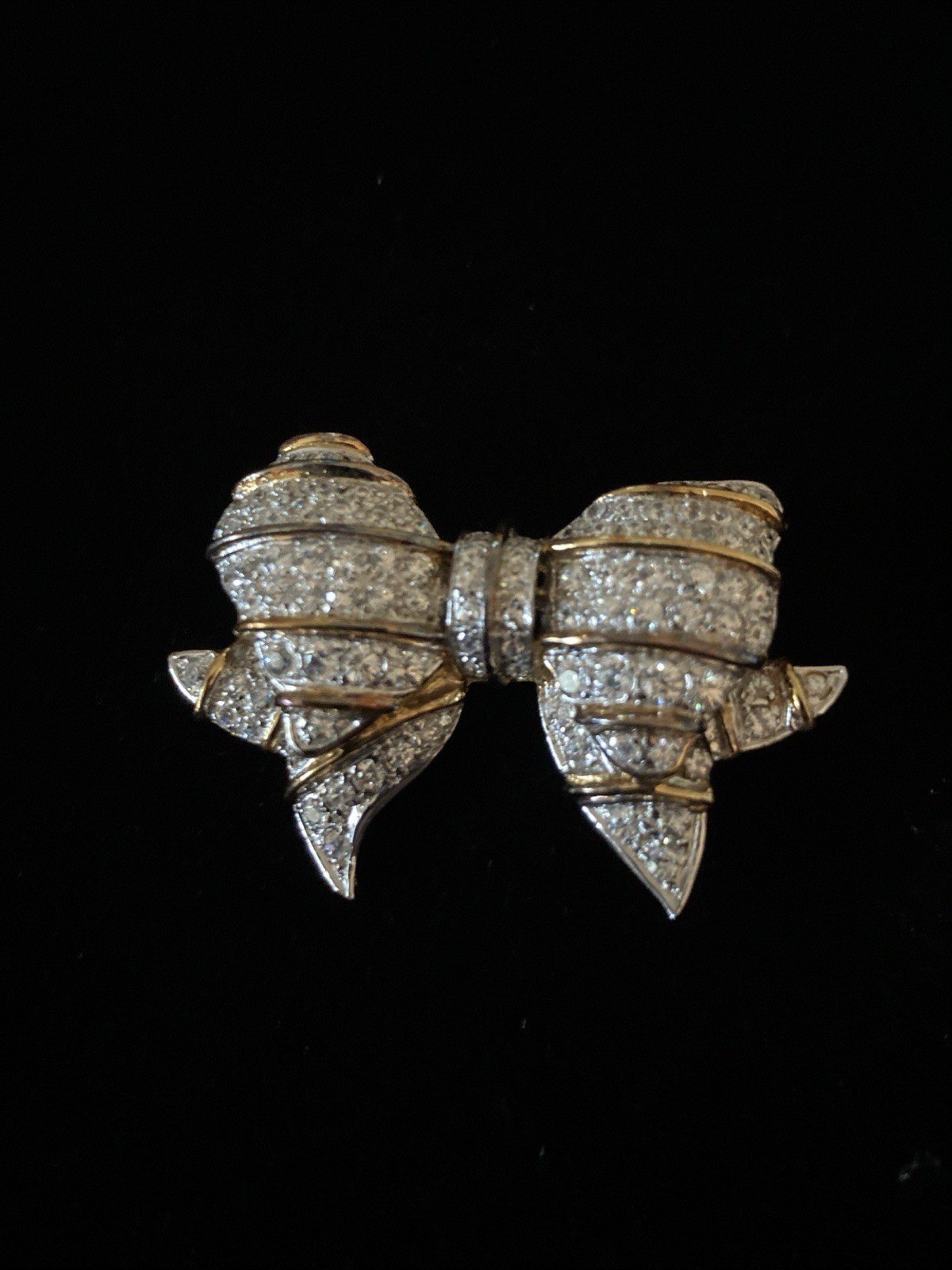 Large Sterling Silver Gold Wash 925 CZ Bow Shape Sparkly Pin Lush Signed PK