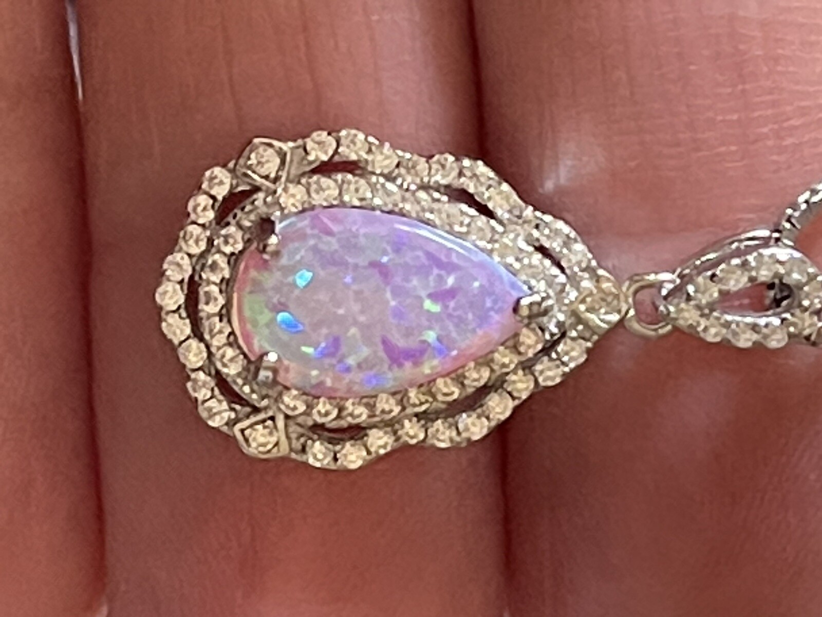 Sterling Silver Pear Pink Lab Opal CZ Necklace 22 Inch Chain