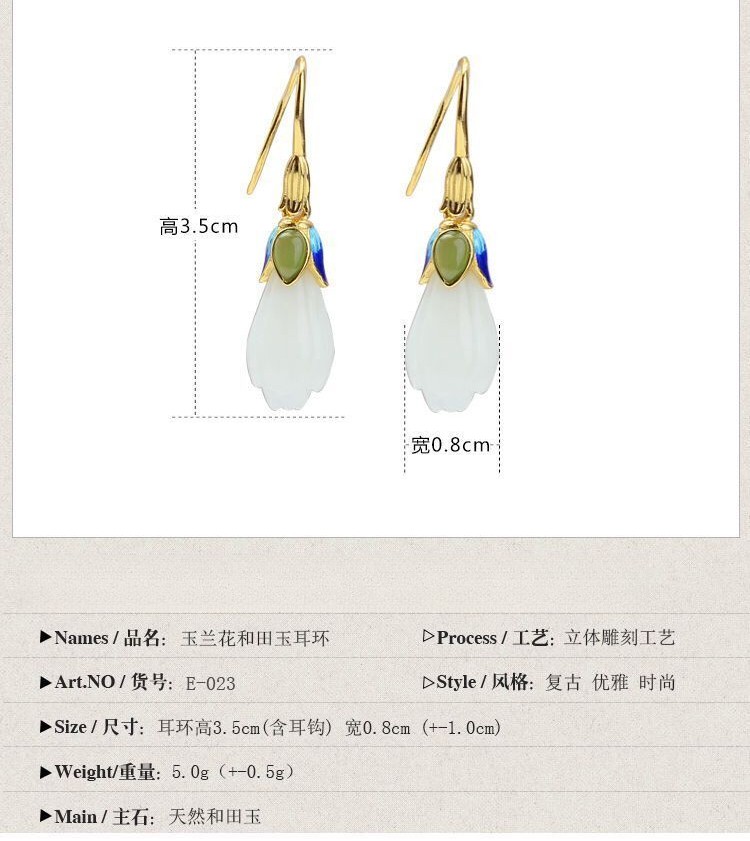 Jade Magnolia Earrings Enamel Drop Dangle Hook Chinese Style for Women