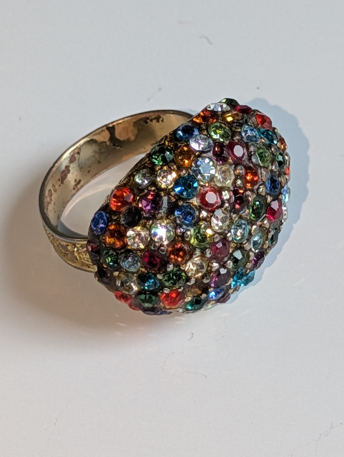 VTG Colorful Rhinestone Cocktail Ring Dome Pave Statement Adjustable Gold Tone