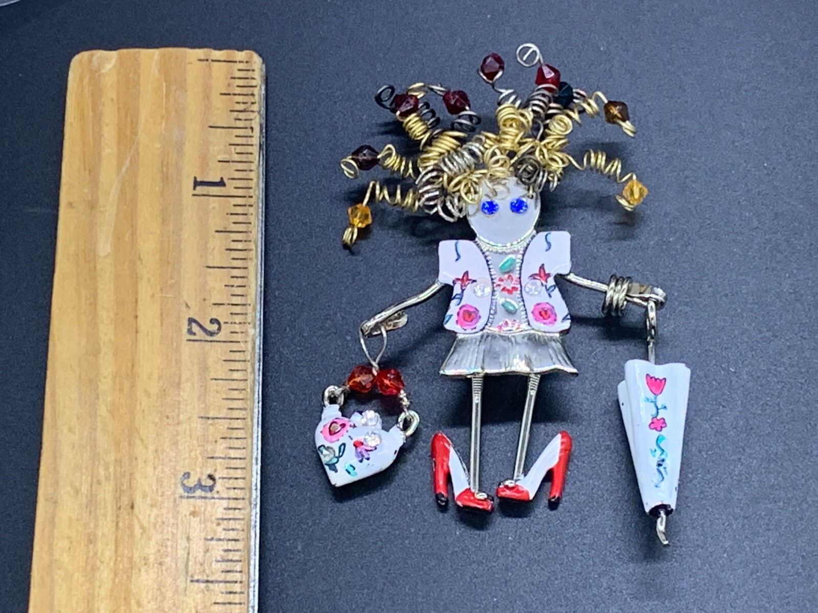 MODERNIST ARTS CRAFTS PORCELAIN METAL SPRING BEAD GIRL PURSE UMBRELLA BROOCH