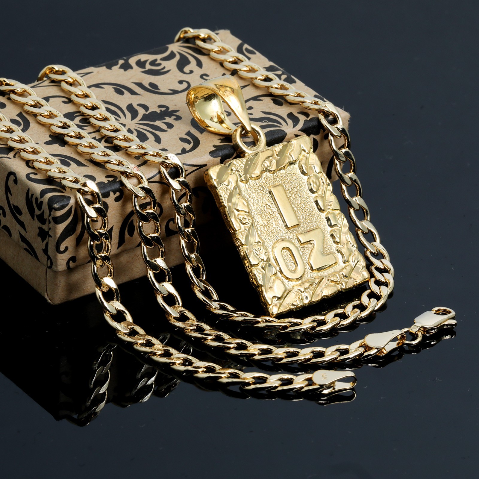 1 OZ Nugget Cut Charm Pendant 14k Gold Plated Brass 5mm 20″ Cuban Choker Chain