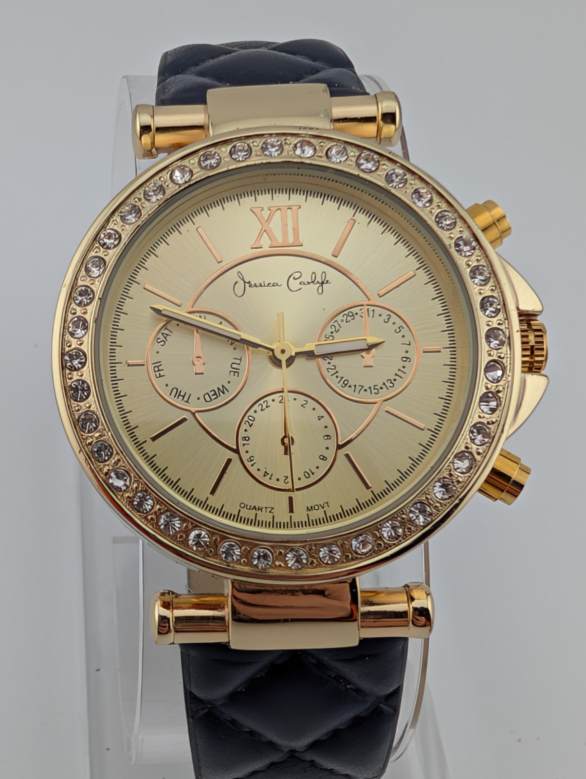 Jessica Carlyle Watch Women 36mm Gold Case Navy Blue Band- New Battery