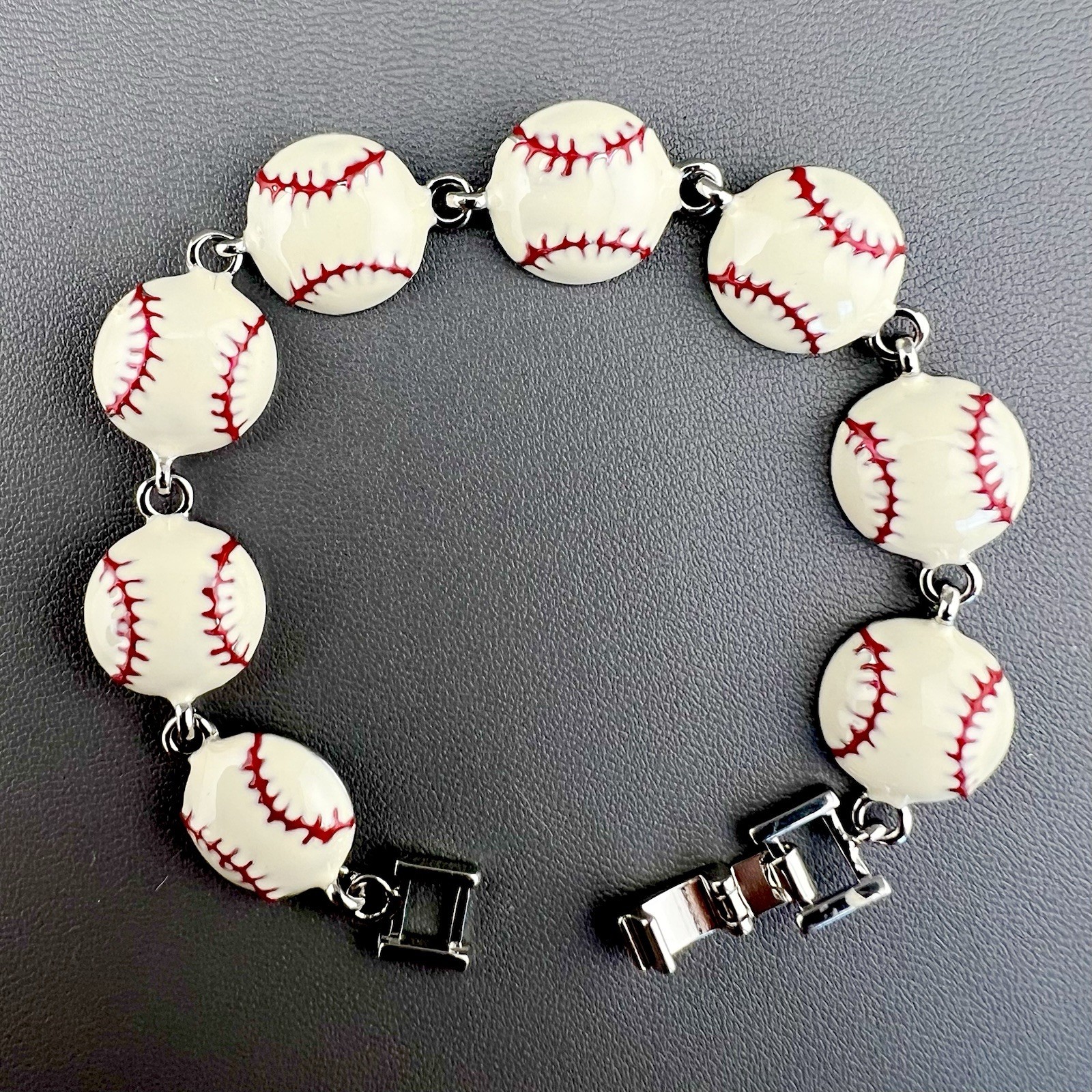Vintage Sports Bracelet White Enamel Baseball Link Silver Tone 6.75”