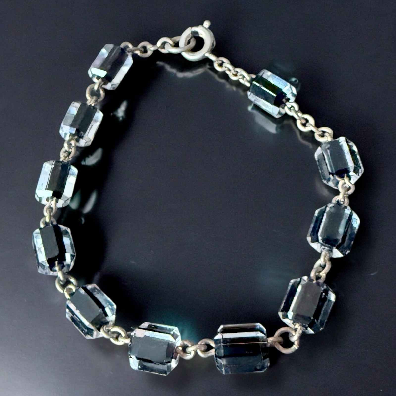 Mid Century Glass Bracelet Givre Clear Black Silver Tone Vintage 6.5″
