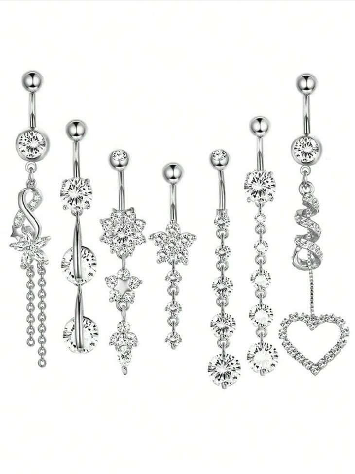 7Pcs Dangle Belly Button Rings Set CZ Crystal Heart Navel Piercing Jewelry Women