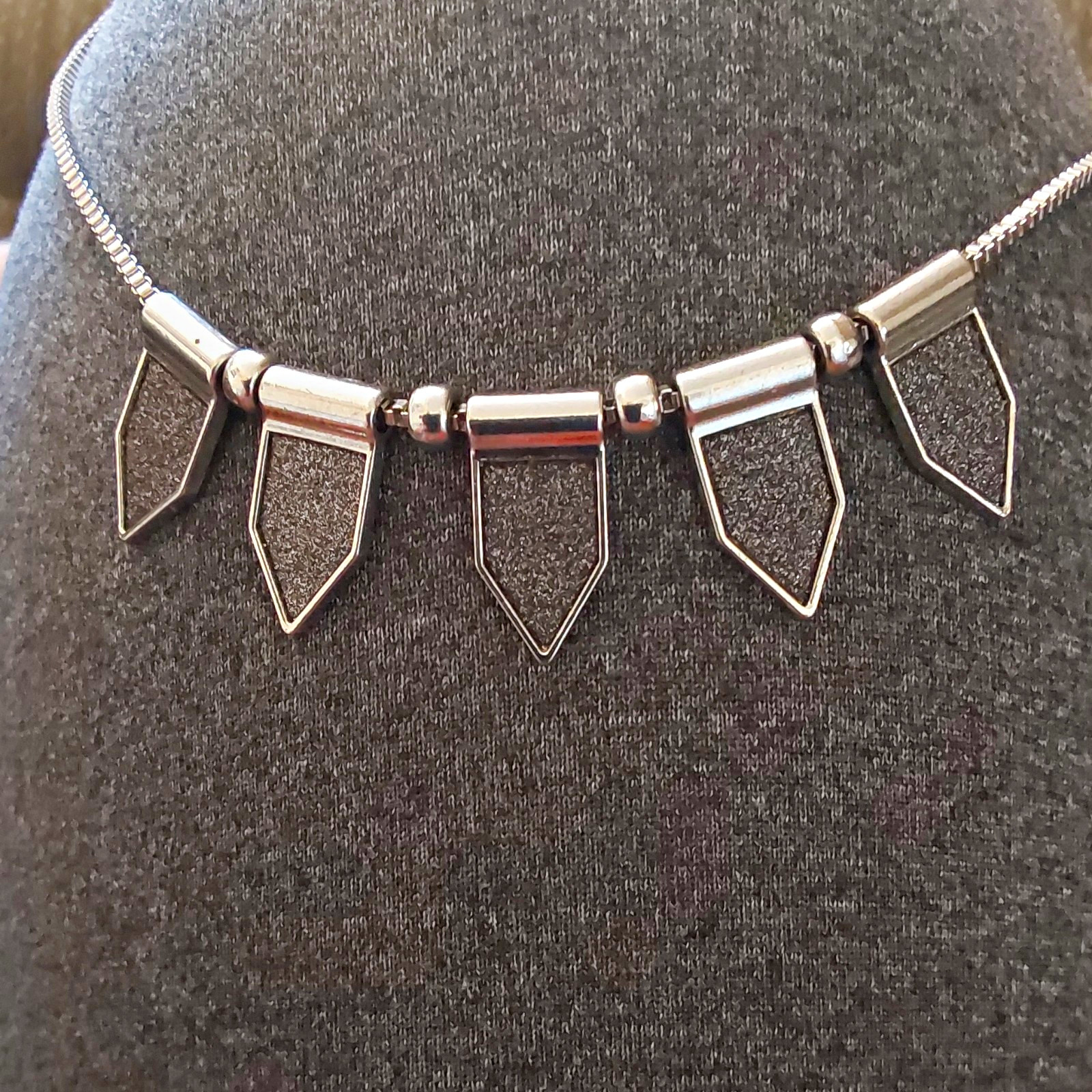Statement Necklace Silver Tone Geometric Charm Pendant Box Chain Adj Lobster