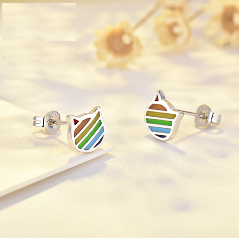 Rhodium Rose Gold Sterling Silver Colorful Cat Face Stud Earrings Gift Box H18