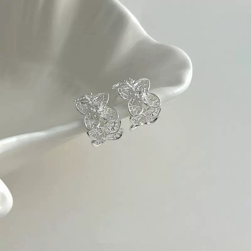 925 Silver Hollow Flower Stud Earrings Minimalist CZ Floral Bridal Gift A77