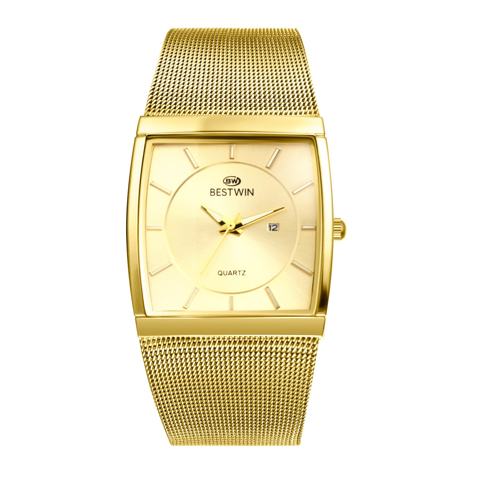 Mens Square Waterproof Luminous Date Quartz Wristwatch Stainless Steel Mesh Band