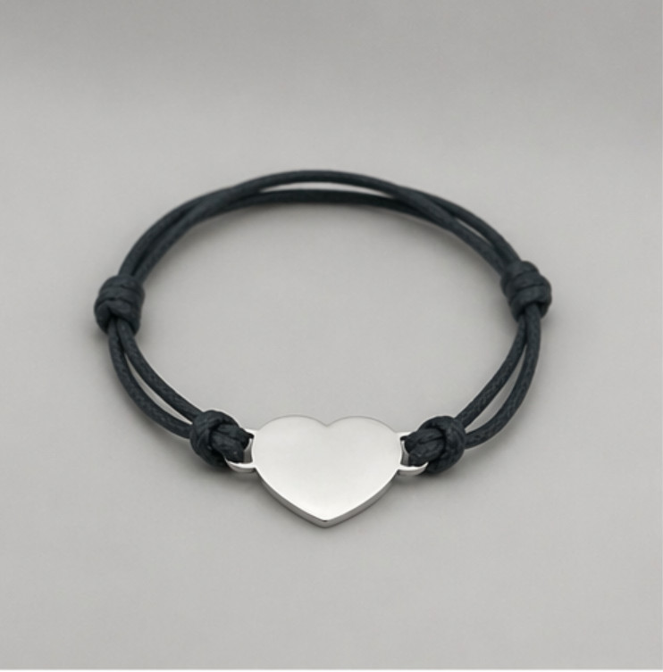 Custom Engraved Heart Bracelet Adjustable Black Cord Personalized Name Gift