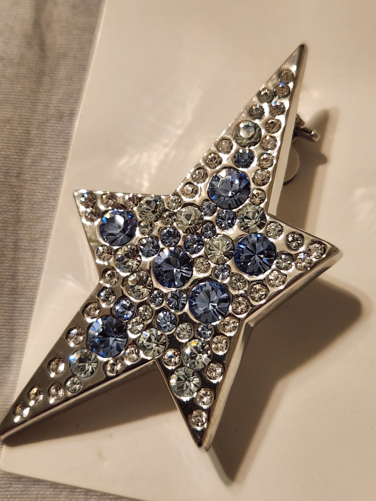 Rare Style New Thierry Mugler Star PIN Brooch Silver w/ Blue & White Crystals