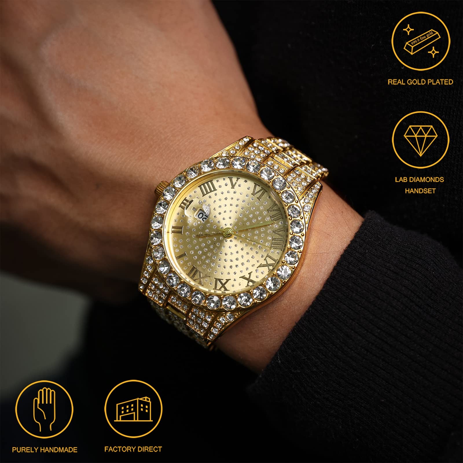 Men’s Gold Watch Diamond Iced Out Luxury 42MM Round Quartz Wristband Gift Box