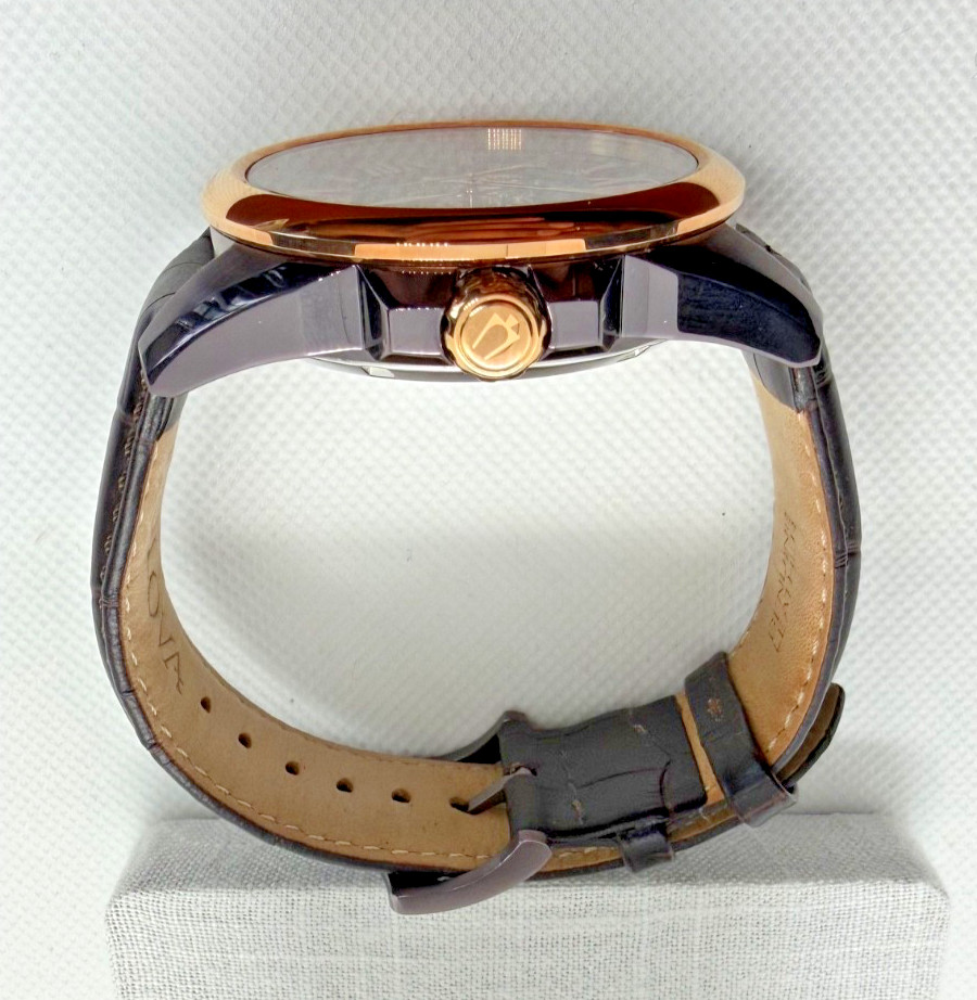 Bulova Automatic Skeleton Rose Gold Brown Leather Strap Open Heart Full Set