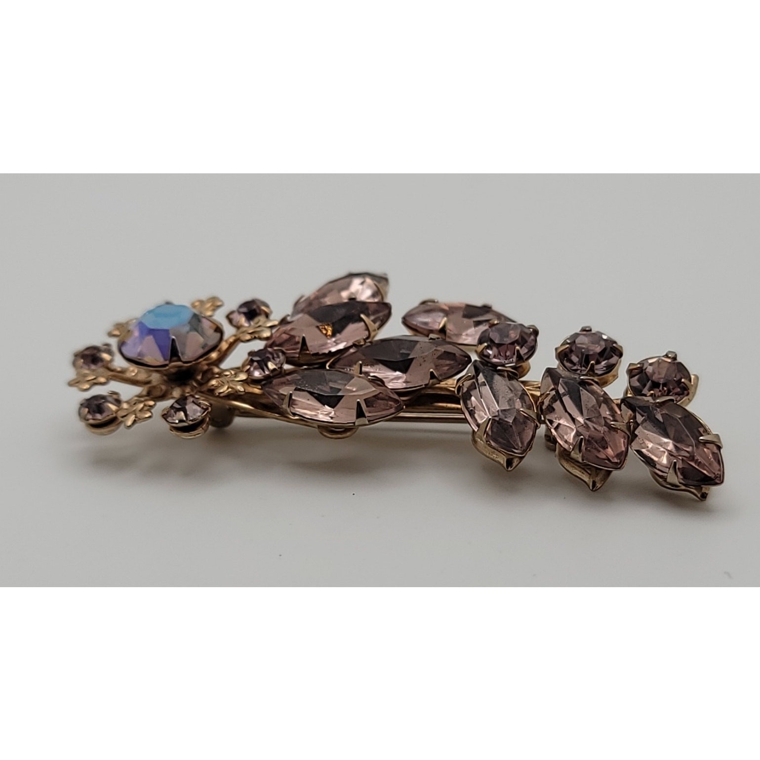 Vintage Lavender Rhinestone Floral Brooch Central Aurora Borealis Stone