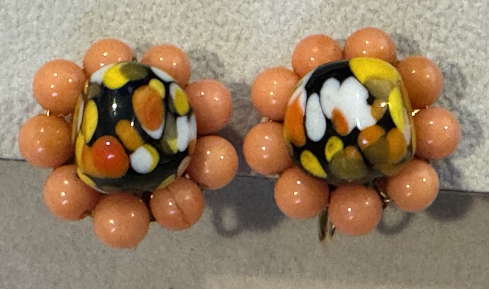 Vintage Murano Style Hand Painted Art Wire Beaded Earrings Colorful Button Coral