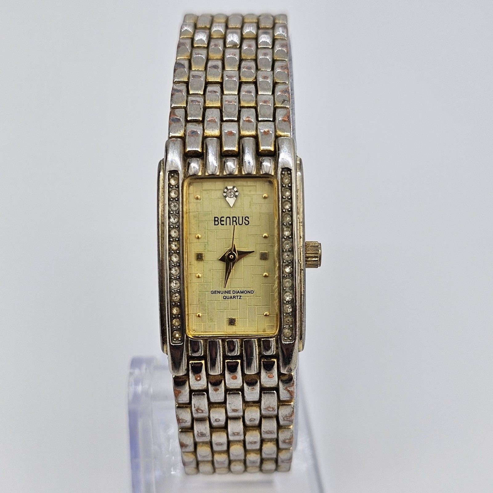 Benrus Women’s Watch 19MM Gold Dial Diamond Bezel Gold Bracelet 6.5″ New Battery