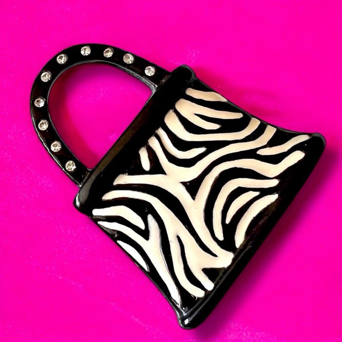 Y2K Zebra Purse Brooch Rhinestone Bag Pin AJMC Statement Animal Print Vintage