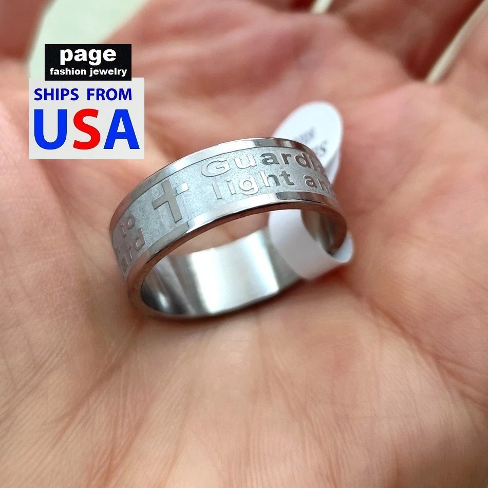 1pc Etched Guardian Angle Prayer Stainless Steel Jesus Religion Ring Size 6-12