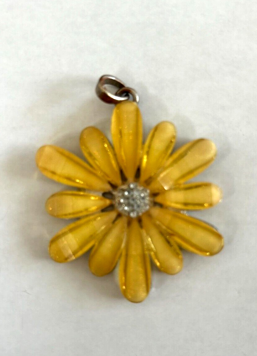(2) Vintage Metal Acrylic & Rhinestone Flower Pendants Yellow Pink Flowers