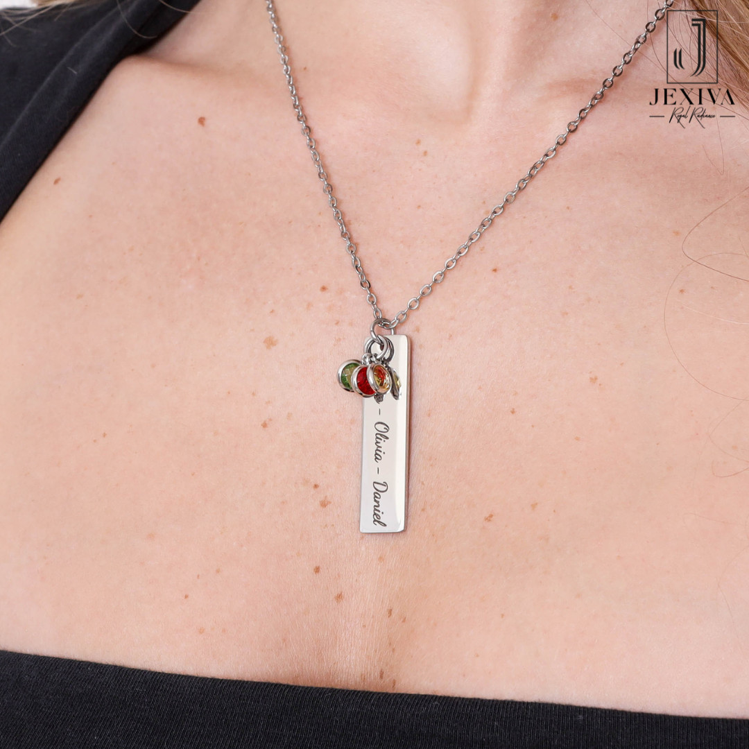 Necklace – Personalized Name Engraved Bars With Birthstone for Women/Men