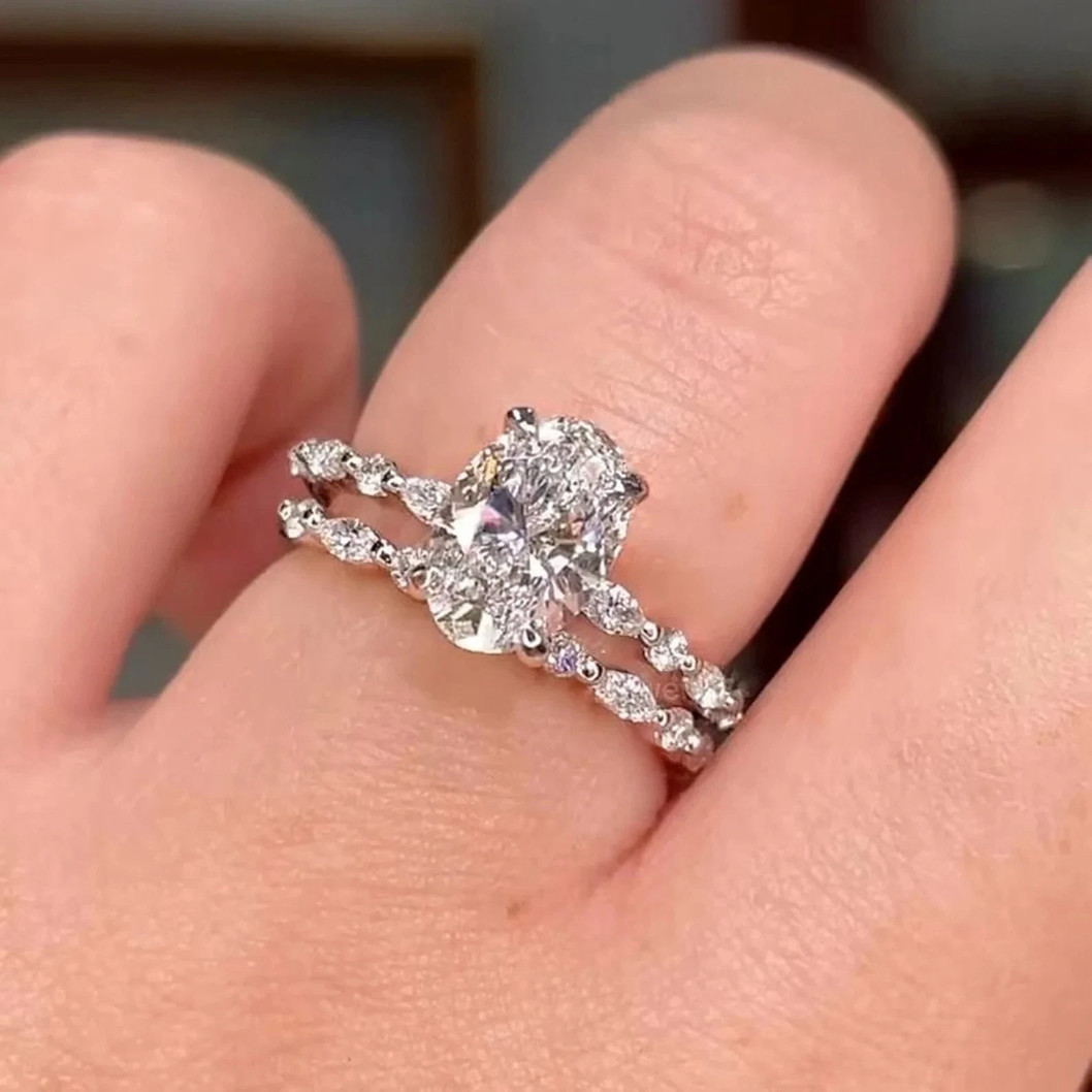 3ct Oval Cut Moissanite 14K White Gold Plated Bridal Ring Set Wedding Band