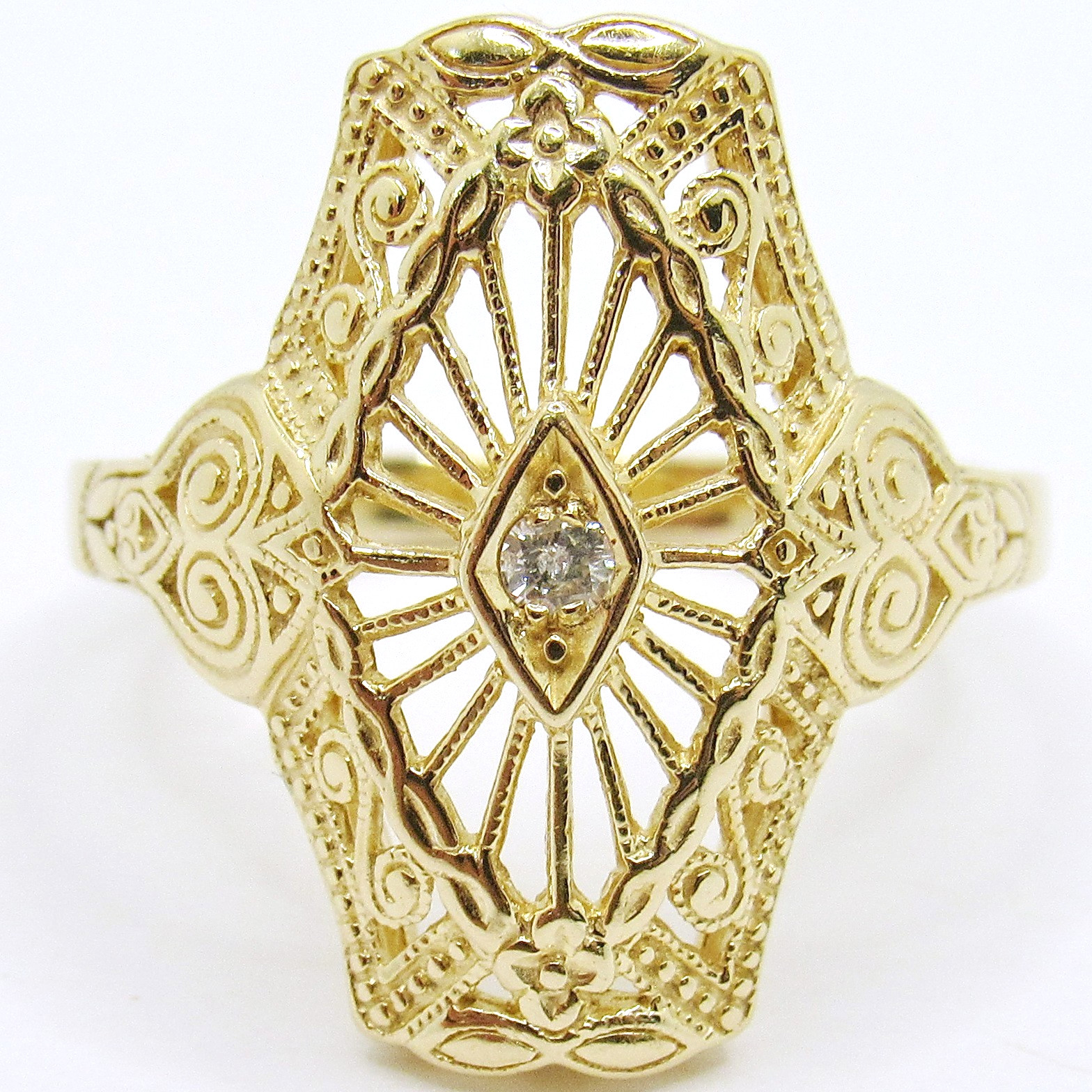 LADIES 14K YELLOW GOLD VINTAGE FILIGREE DIAMOND VERTICAL RIGHT HAND SZ 6.5 RING