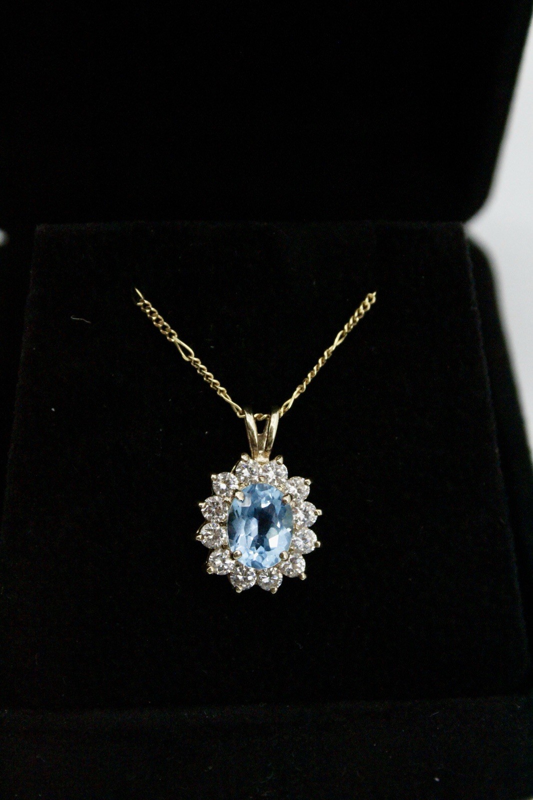 Blue Topaz Halo Pendant, 3.63 Carats 10K Gold