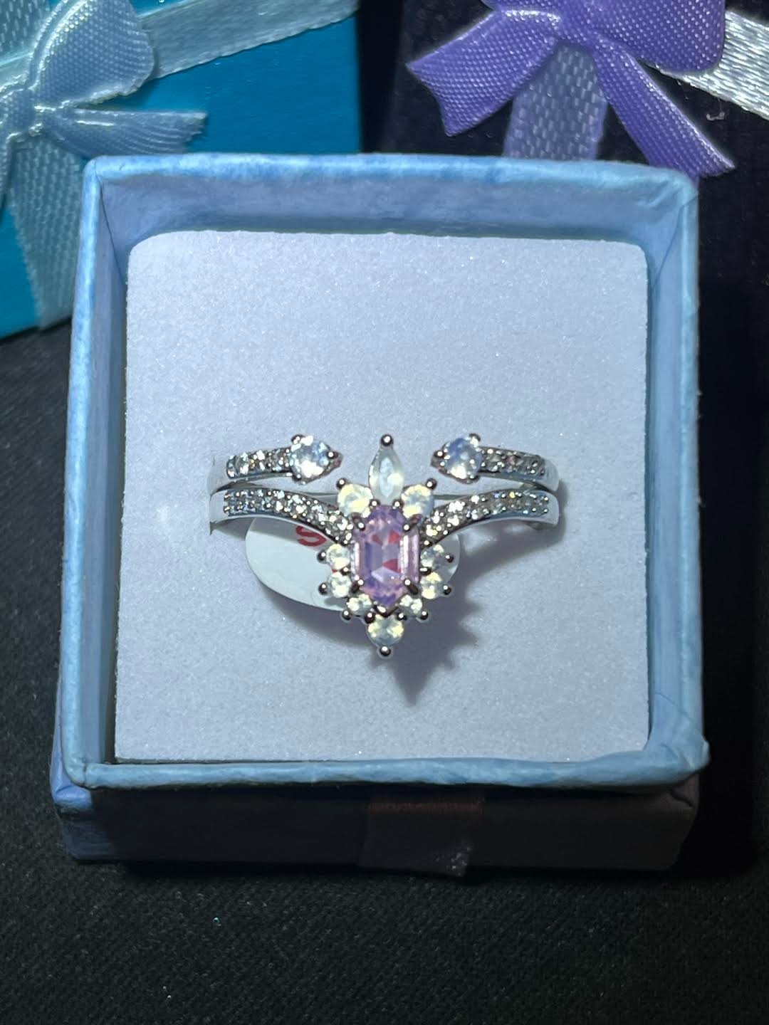 Gorgeous Lab Created Pink & White Opal w/ Rhodium Plating size 10