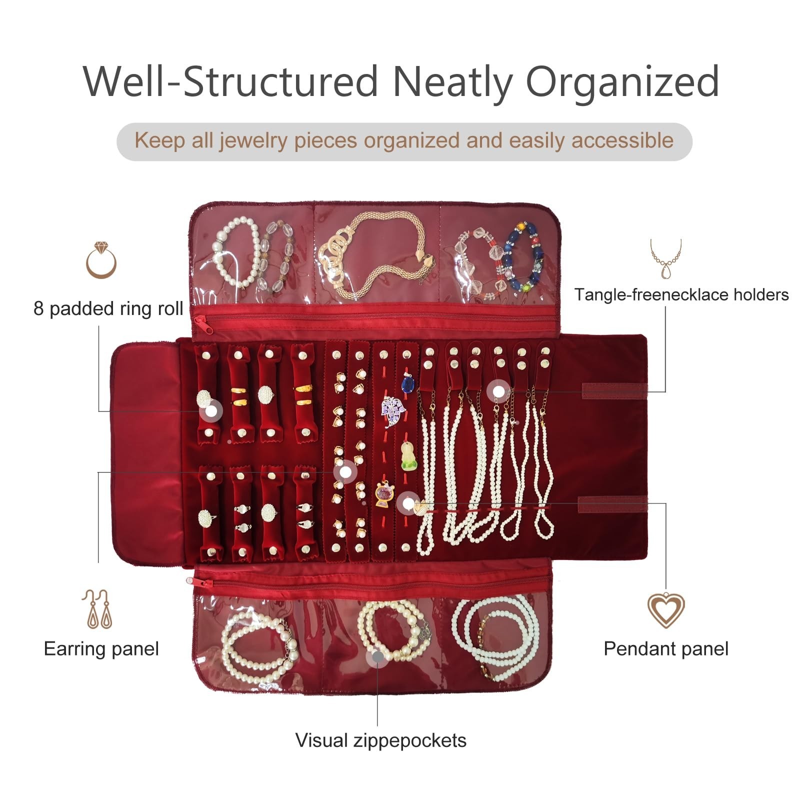 Travel Velvet Jewelry Organizer Roll Bag for Necklaces, Bracelets, Earrings, Rin