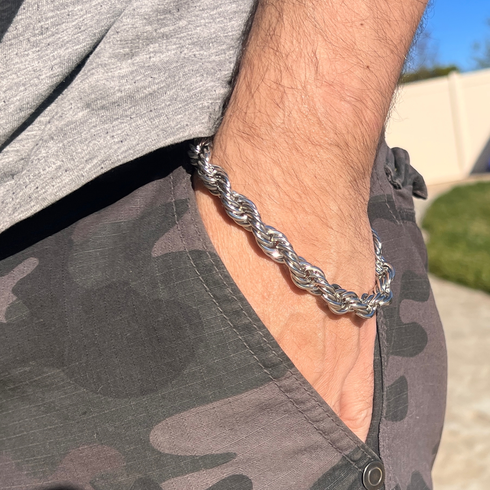 Large Men’s Big Rope Chain Hip Hop Bracelet Silver Tone 10MM Thick 10″ Inches