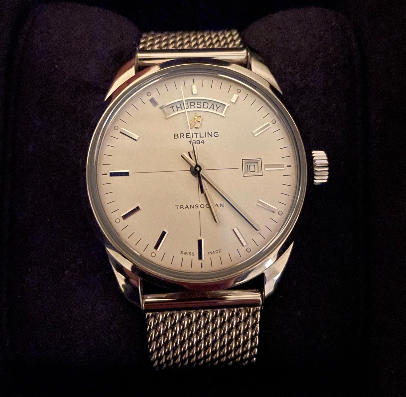 Breitling Transocean Day & Date 43mm Silver Dial Steel Mens Watch