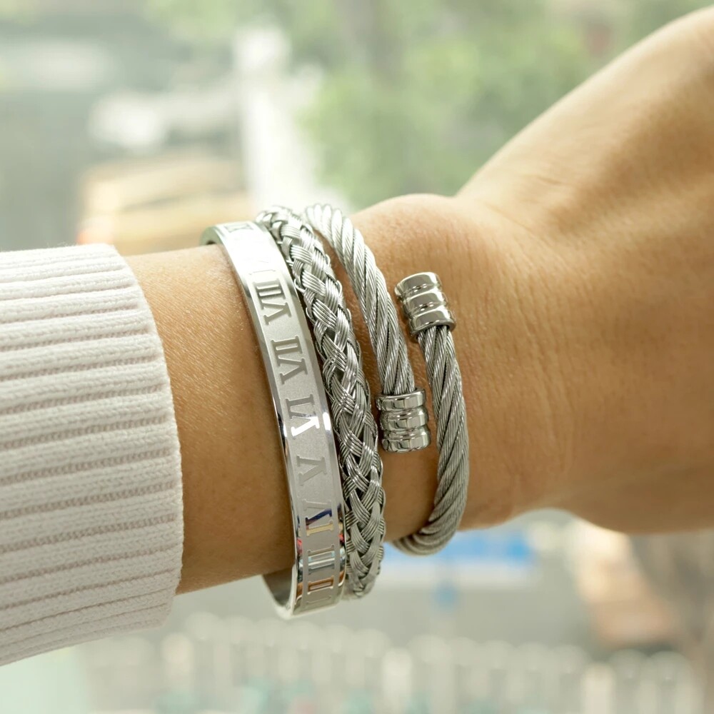 3Pcs Stainless Steel Bracelets Set Luxury Gold Roman Numeral Bangle Jewelry Gift