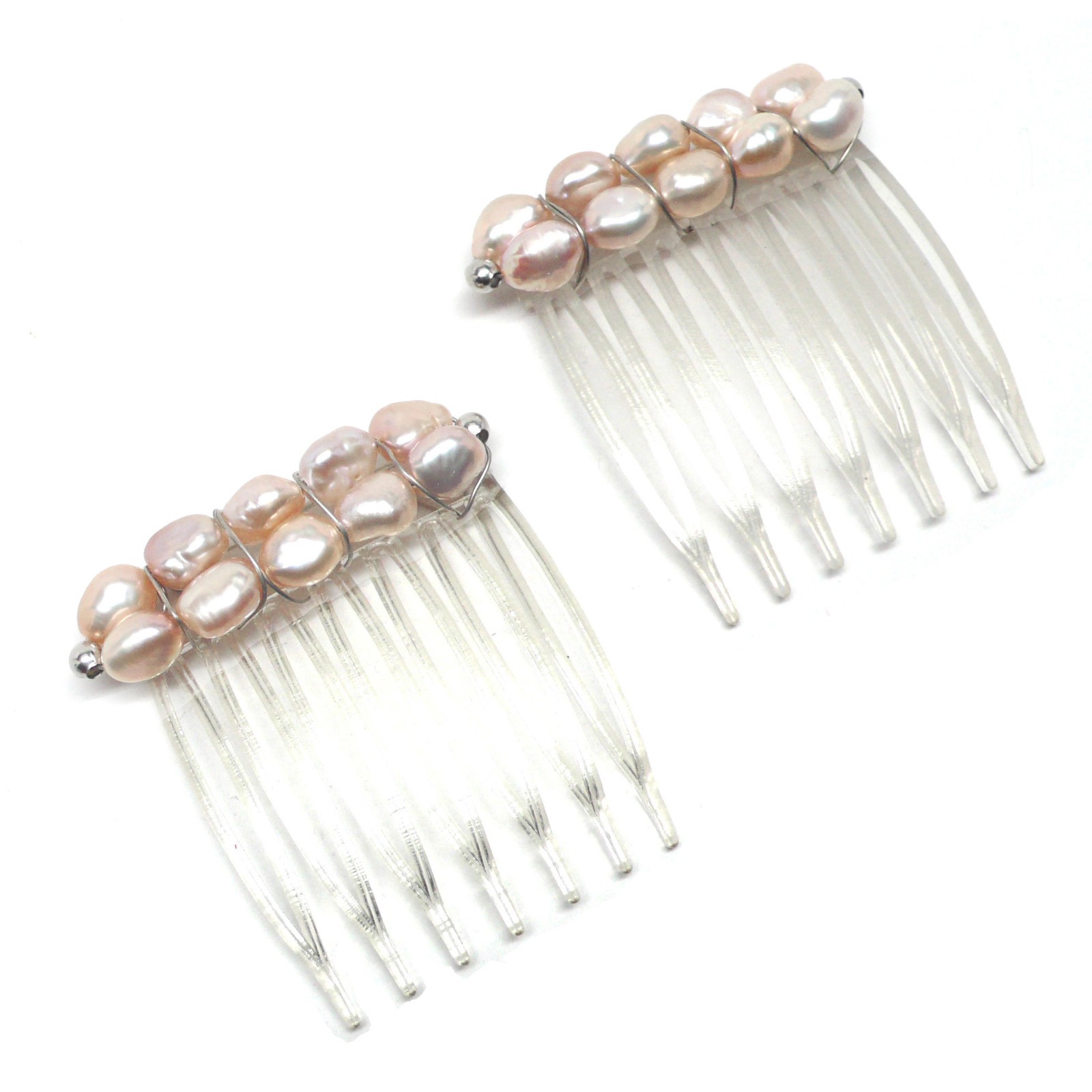 Set of 2 Small Hair Combs Cultured Freshwater Pearl Peach Mauve