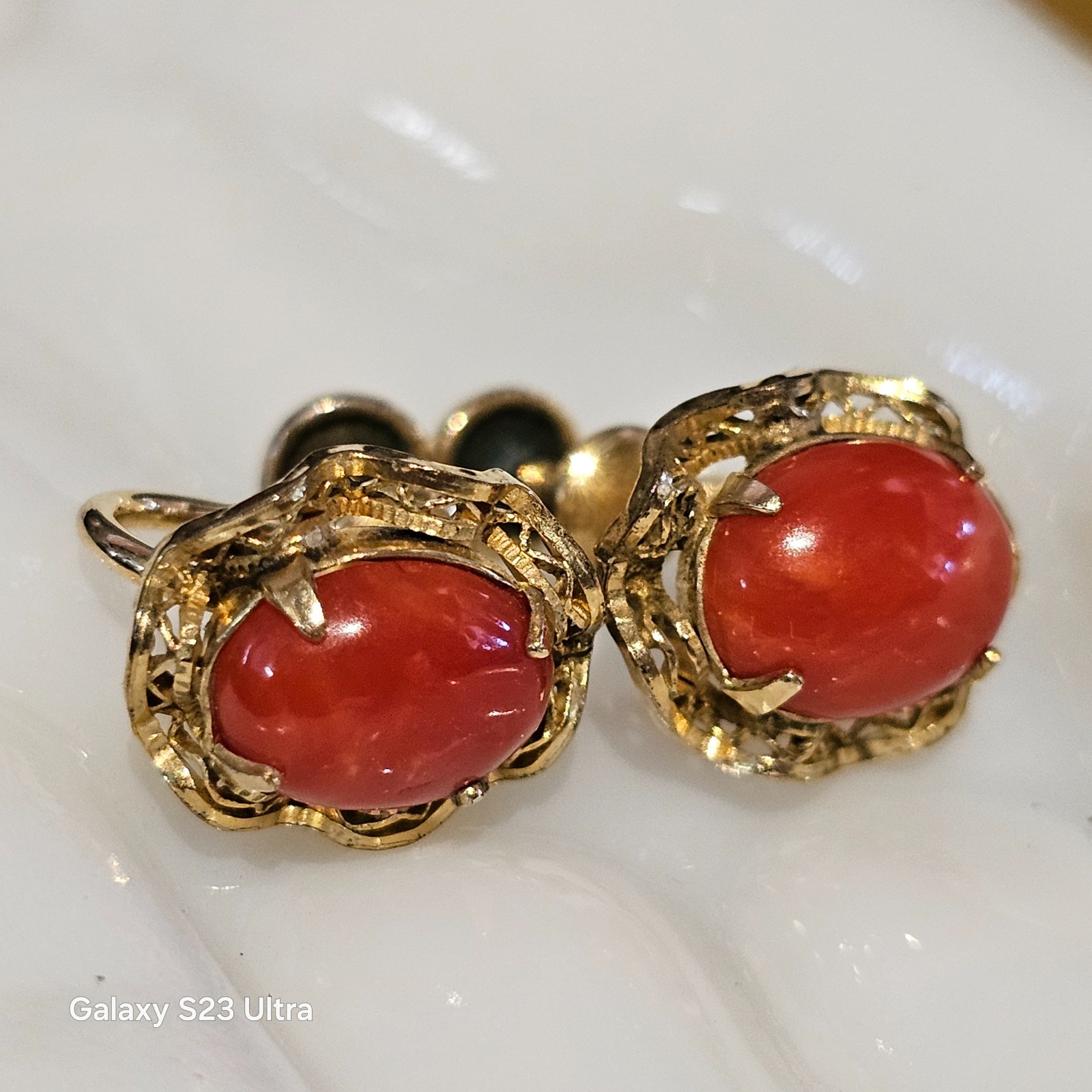 SORRENTO Coral Cabochon Earrings 1/20 12K GF Oval Bezel & Prong Set Screwback