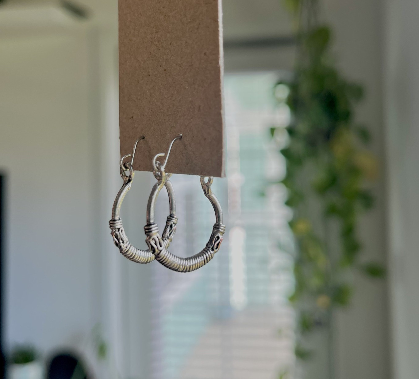 Wire Detail Round Hoop Earrings Silver Tone Metal Latch Back for Lobe