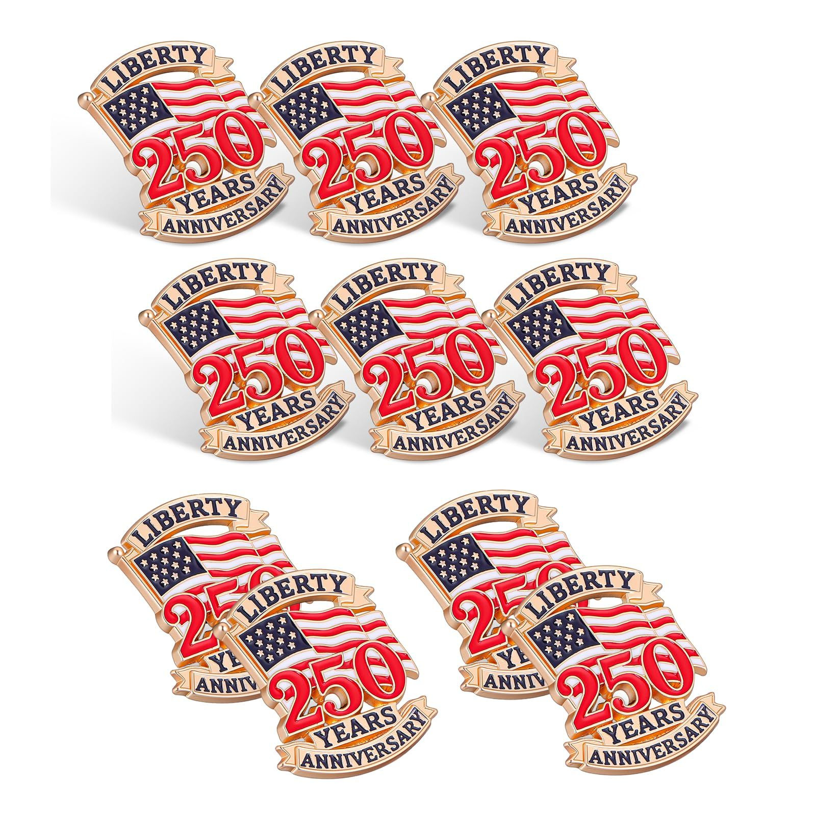 10 Pcs 250 Years America Flag Anniversary Pins, 3.00X2.50X1.00CM, Multicolor