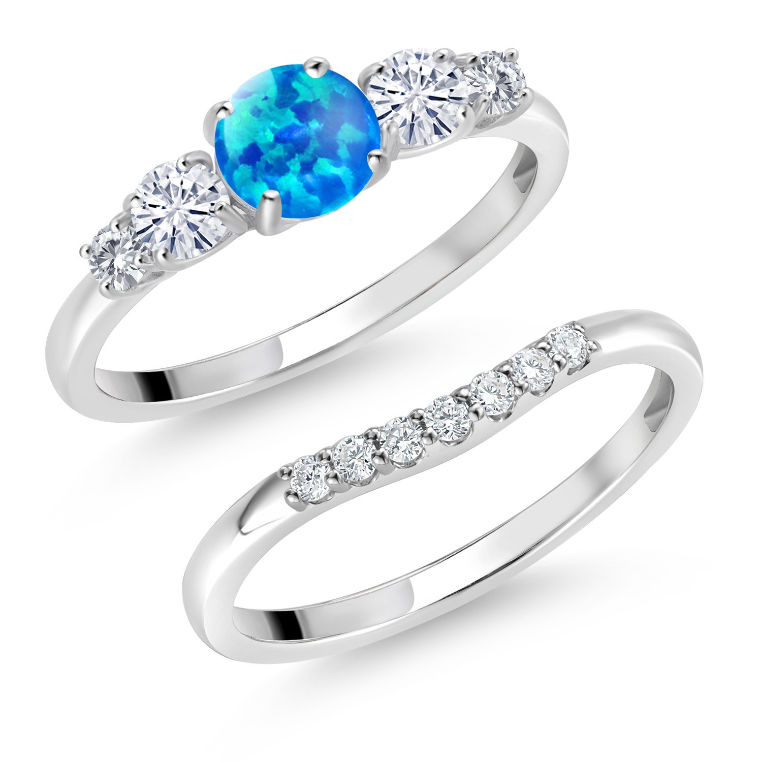 10K White Gold Blue Simulated Opal White Moissanite and White Lab Grown Diamond