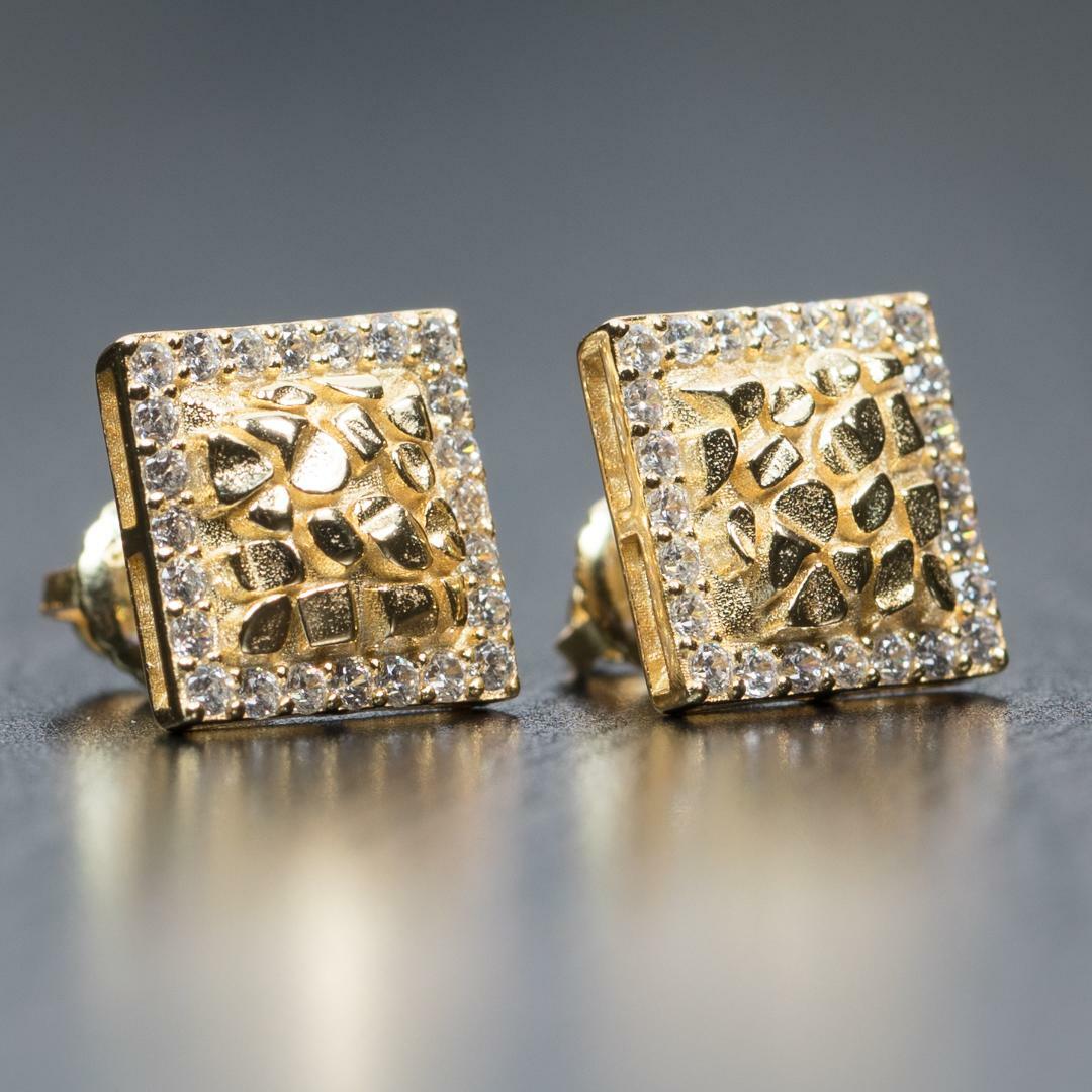 Small Mens 3D Iced Square 14K Gold Plated Nugget CZ Stud Screw back Earrings