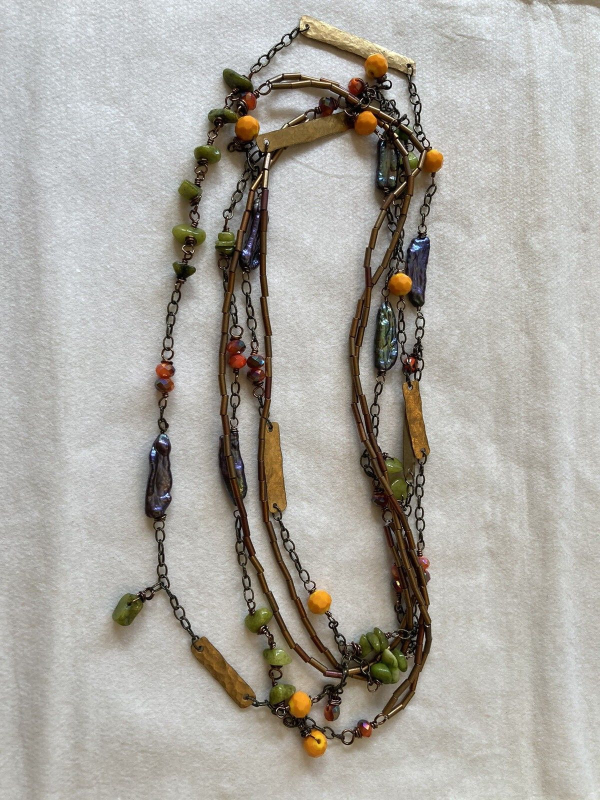 Artisan crafted long beaded necklace orange gold green purple chain wrap around