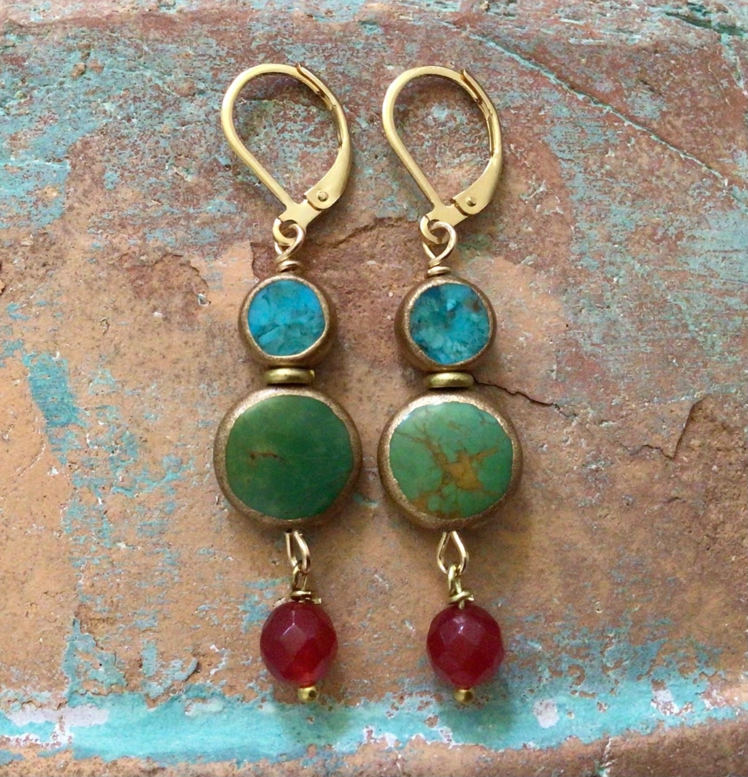 $118 Sundance charm Turquiose handmade gold edge earrings Artisan Jewelry
