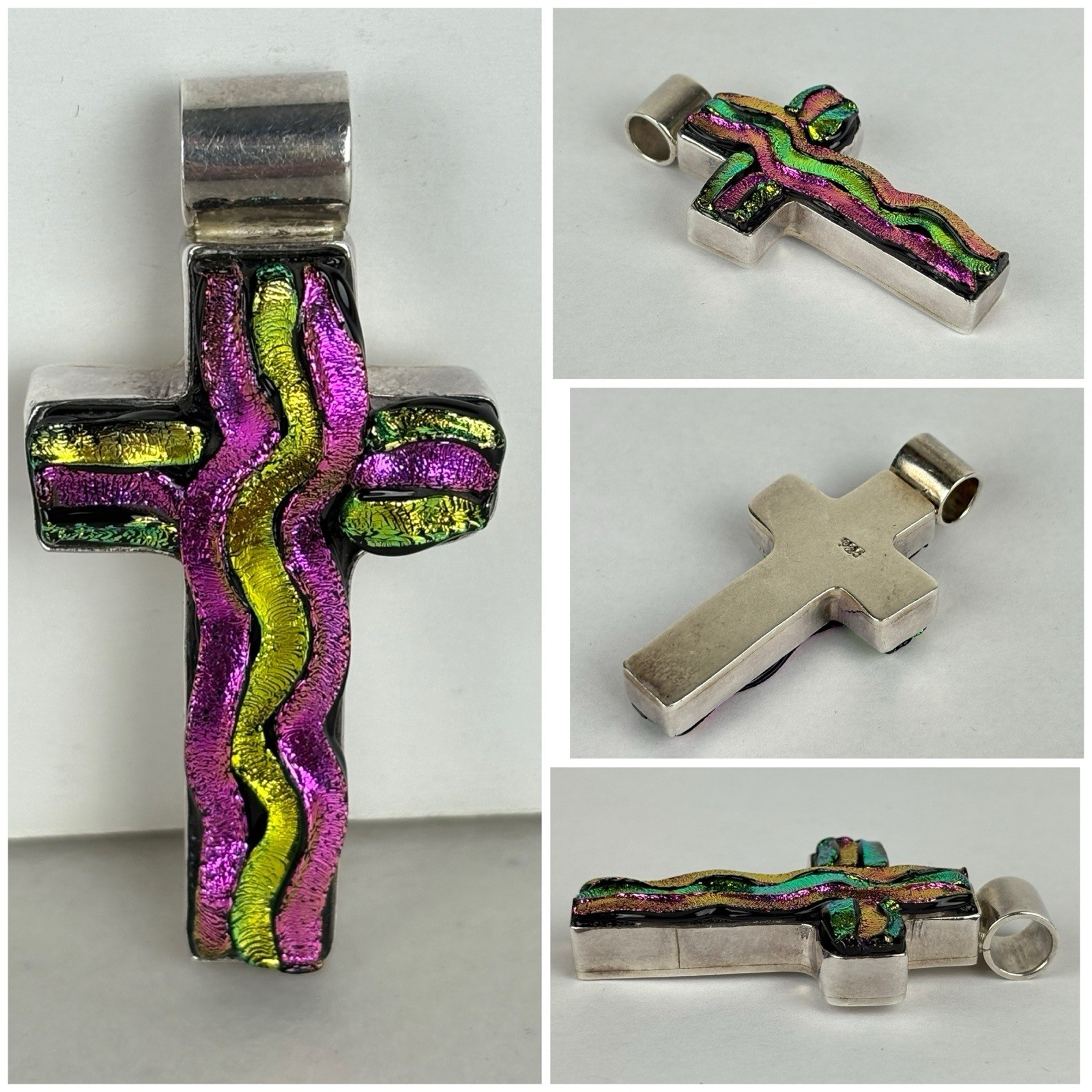 Sterling Silver 925 Dichoric Fused Glass Cross Purple Lime Green Pendant