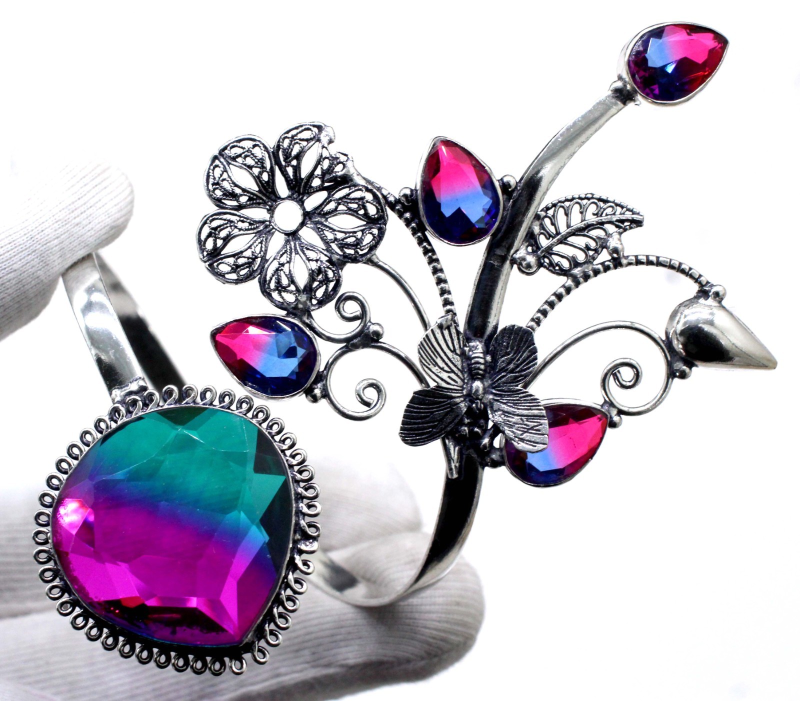 925 Sterling Silver Bi-Color Tourmaline Gemstone Handmade Jewelry Cuff Bracelet
