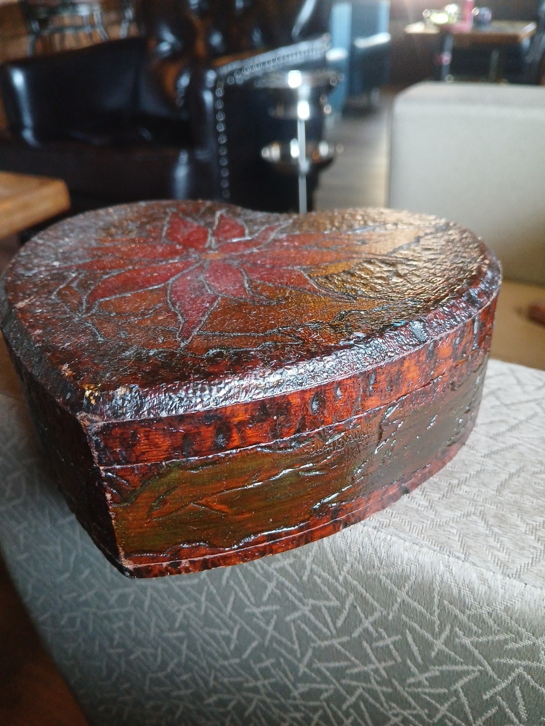 Antique Heart Shaped Wooden Keepsake Trinket Jewelry Box
